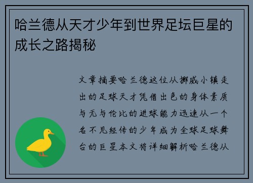 哈兰德从天才少年到世界足坛巨星的成长之路揭秘
