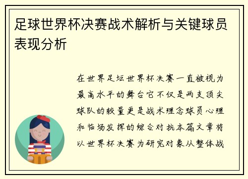 足球世界杯决赛战术解析与关键球员表现分析