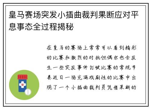 皇马赛场突发小插曲裁判果断应对平息事态全过程揭秘 皇马赛场突发小插曲裁判果断应对平息事态全过程揭秘