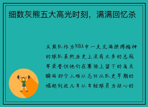 细数灰熊五大高光时刻，满满回忆杀