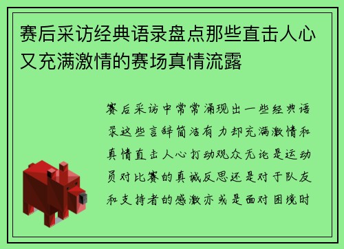 赛后采访经典语录盘点那些直击人心又充满激情的赛场真情流露